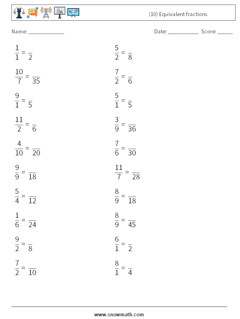 (10) Equivalent fractions Math Worksheets 8
