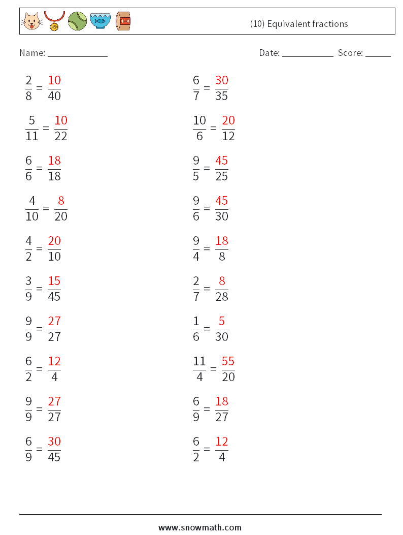 (10) Equivalent fractions Math Worksheets 9 Question, Answer