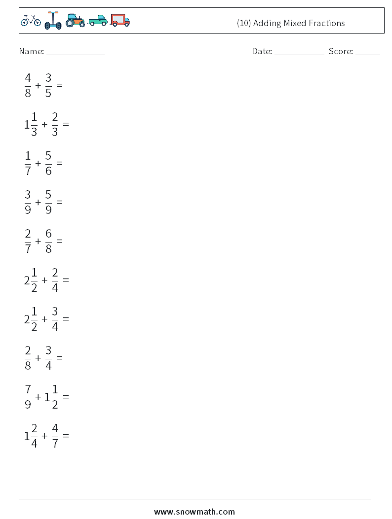 (10) Adding Mixed Fractions Math Worksheets 15