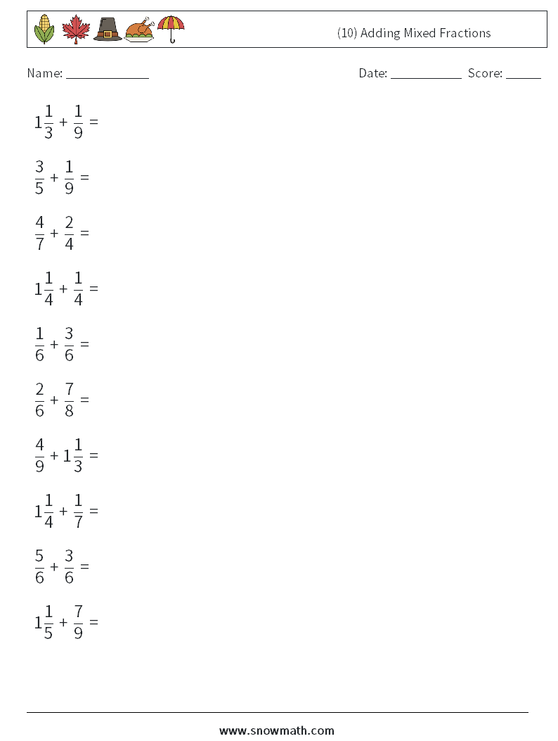 (10) Adding Mixed Fractions Maths Worksheets 17
