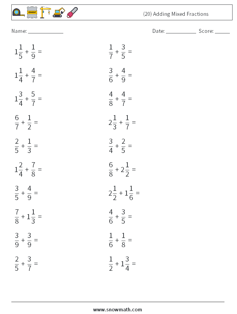 (20) adding mixed fractions Math Worksheets 16Math Worksheets, Math ...
