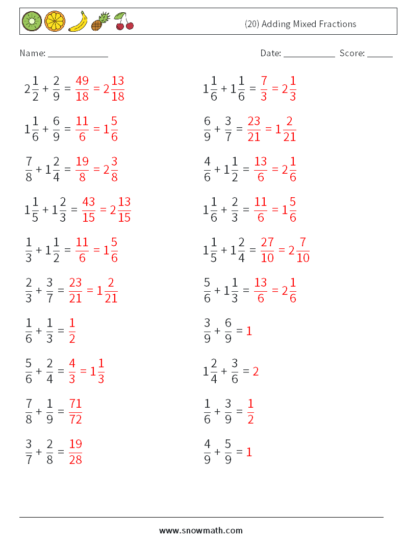 (20) Adding Mixed Fractions Math Worksheets 6 Question, Answer