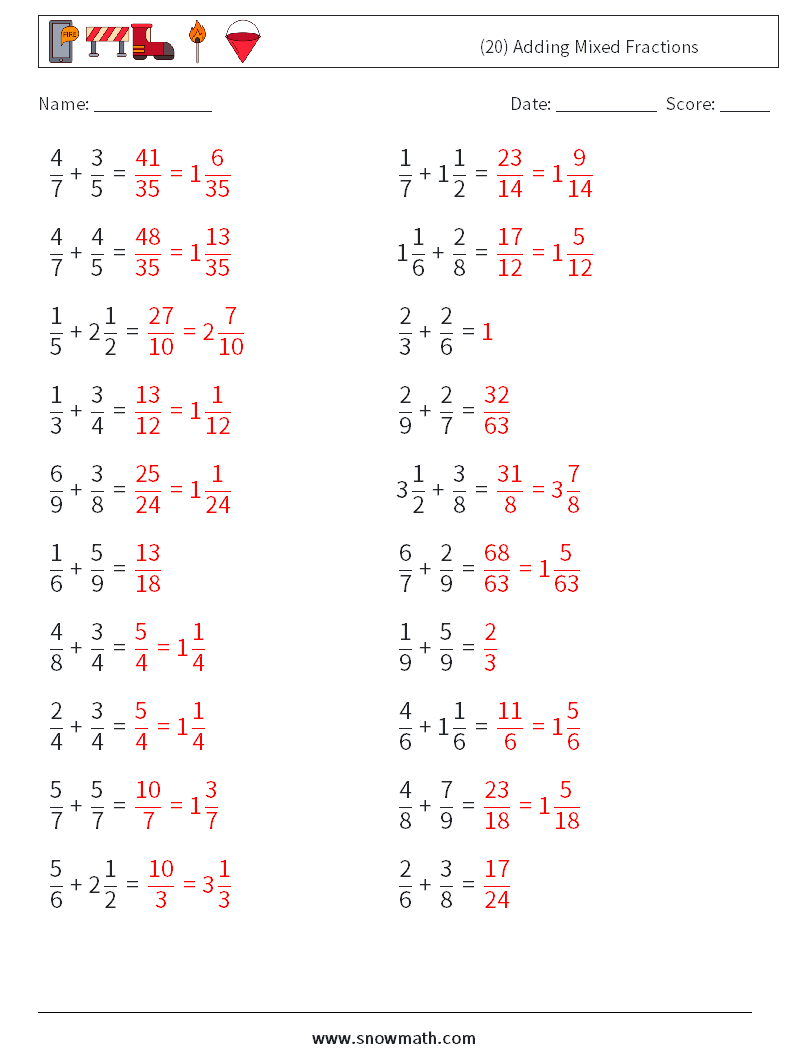 (20) Adding Mixed Fractions Math Worksheets 7 Question, Answer