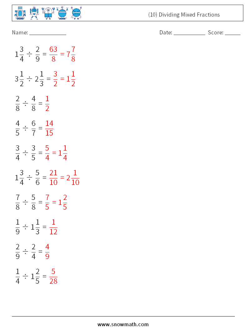 (10) Dividing Mixed Fractions Math Worksheets 16 Question, Answer