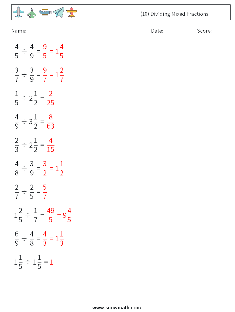 (10) Dividing Mixed Fractions Math Worksheets 18 Question, Answer