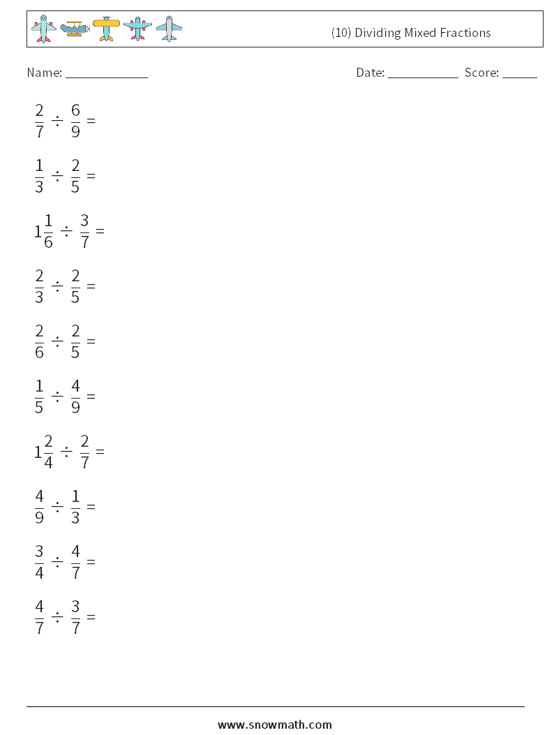 (10) Dividing Mixed Fractions Math Worksheets 4