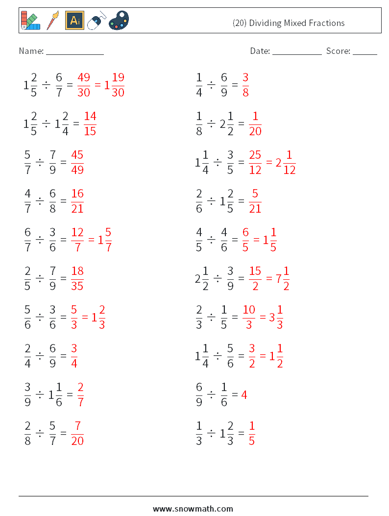 (20) Dividing Mixed Fractions Math Worksheets 10 Question, Answer