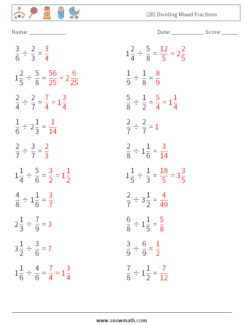 (20) Dividing Mixed Fractions Math Worksheets 11 Question, Answer