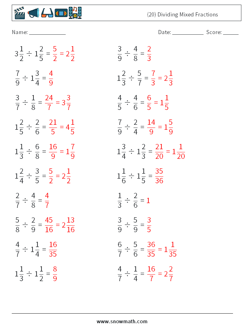 (20) Dividing Mixed Fractions Math Worksheets 12 Question, Answer