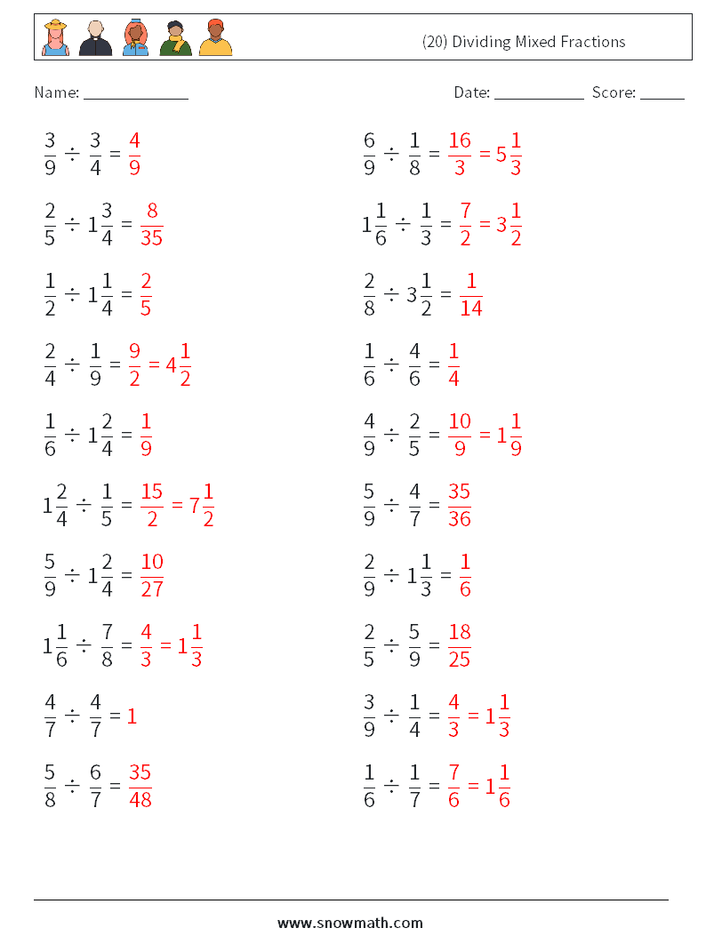 (20) Dividing Mixed Fractions Math Worksheets 13 Question, Answer