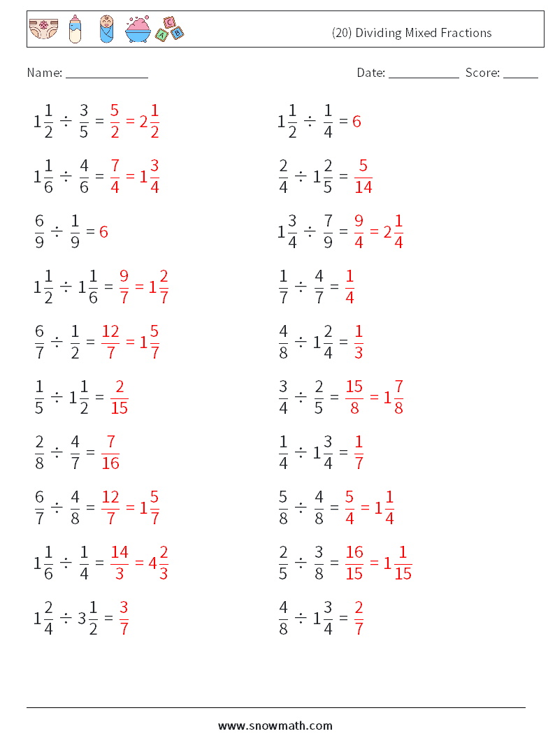 (20) Dividing Mixed Fractions Math Worksheets 15 Question, Answer