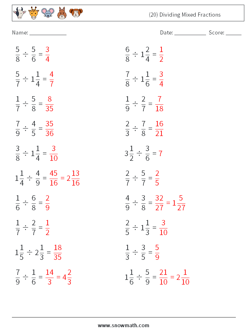 (20) Dividing Mixed Fractions Math Worksheets 16 Question, Answer