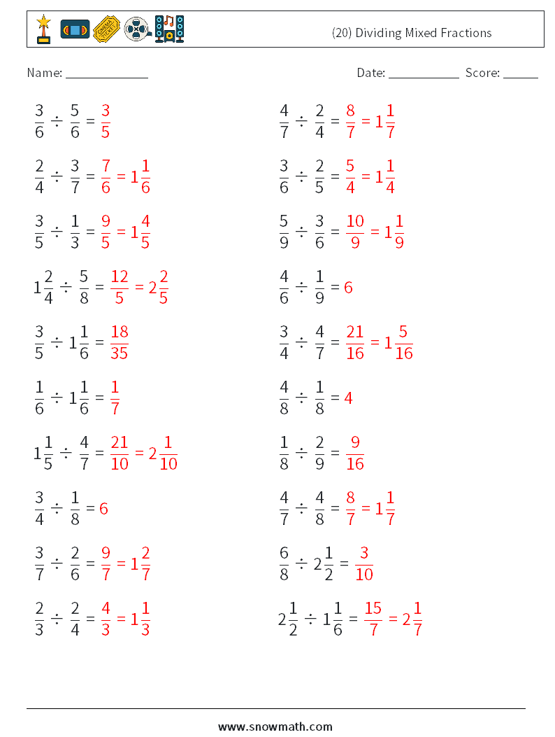 (20) Dividing Mixed Fractions Math Worksheets 17 Question, Answer