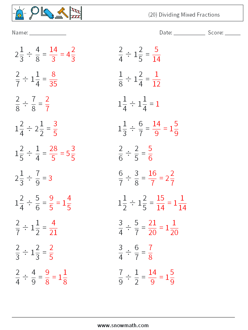 (20) Dividing Mixed Fractions Math Worksheets 18 Question, Answer