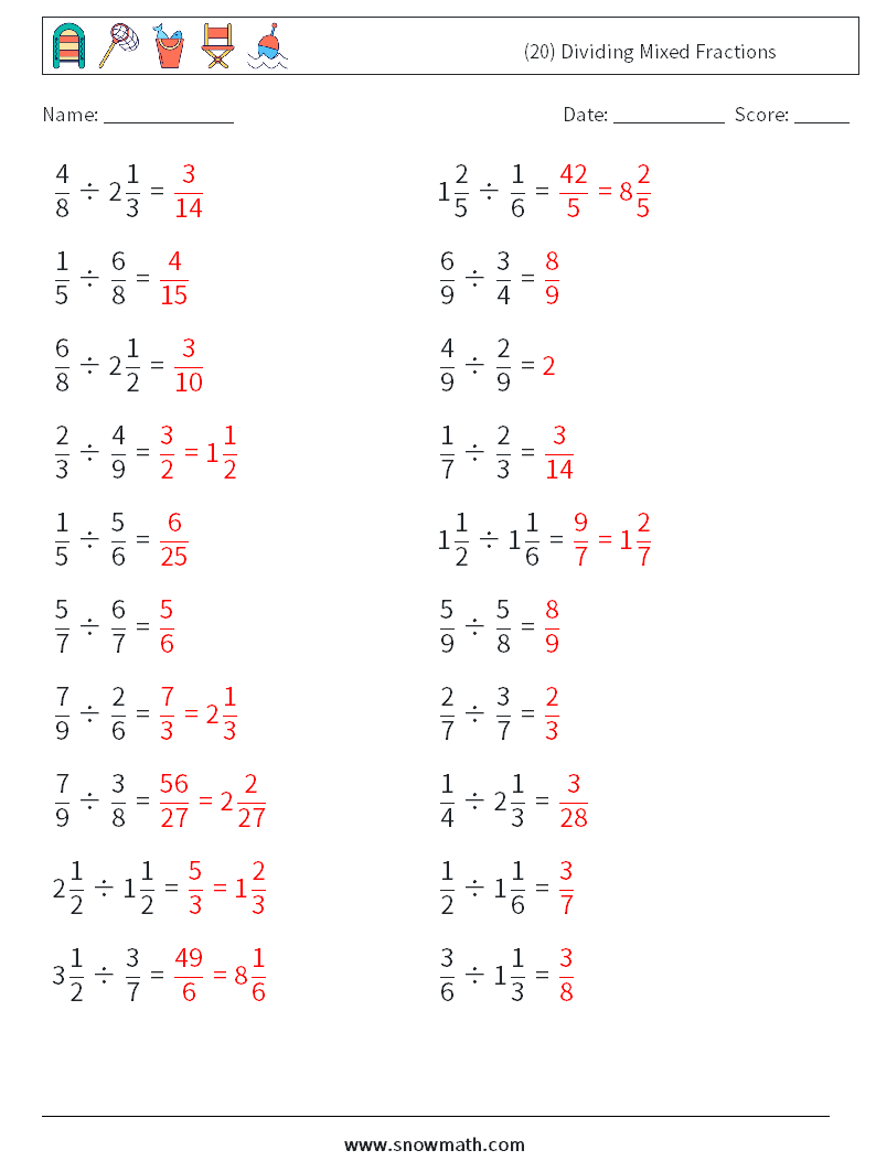 (20) Dividing Mixed Fractions Math Worksheets 2 Question, Answer
