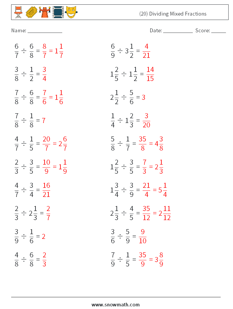 (20) Dividing Mixed Fractions Math Worksheets 4 Question, Answer