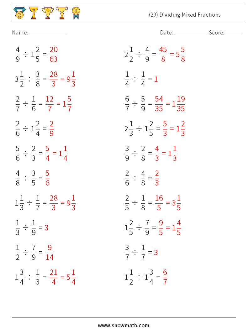 (20) Dividing Mixed Fractions Math Worksheets 5 Question, Answer
