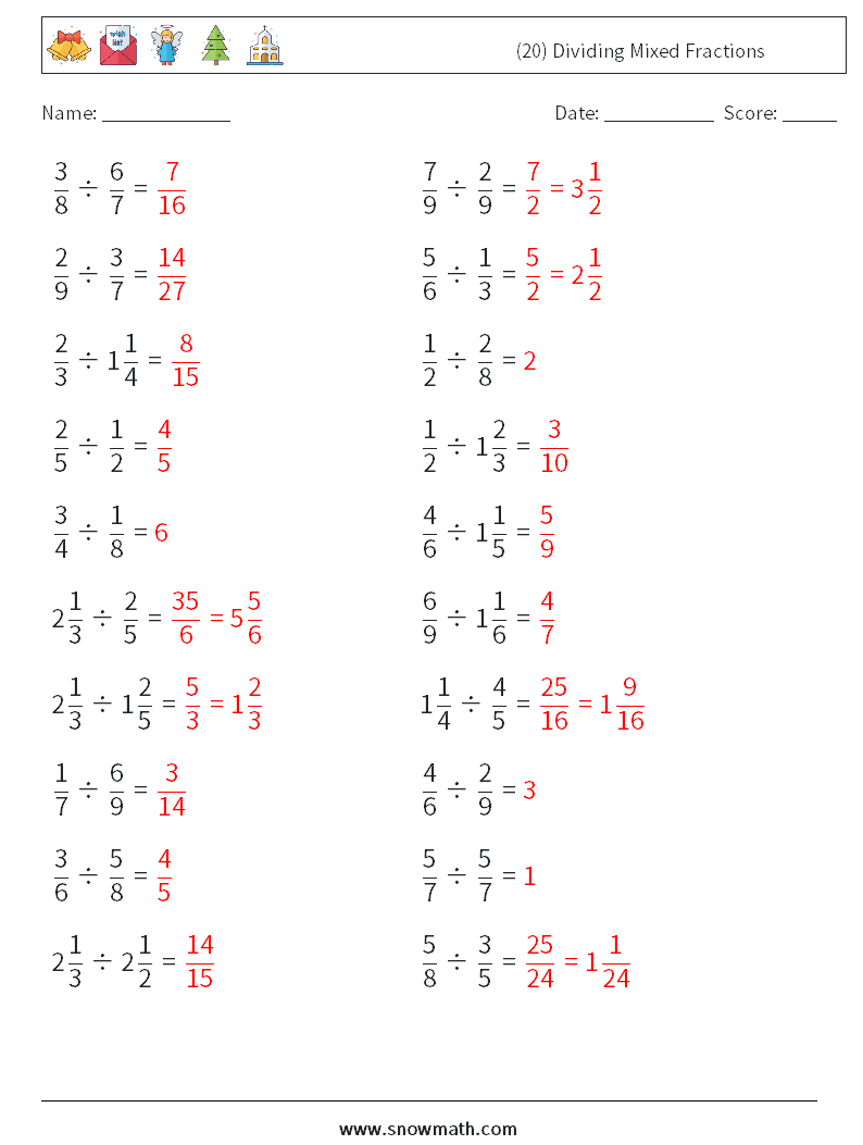 (20) Dividing Mixed Fractions Math Worksheets 6 Question, Answer