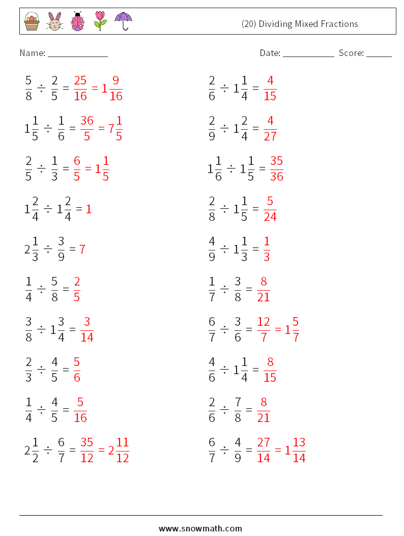(20) Dividing Mixed Fractions Math Worksheets 7 Question, Answer