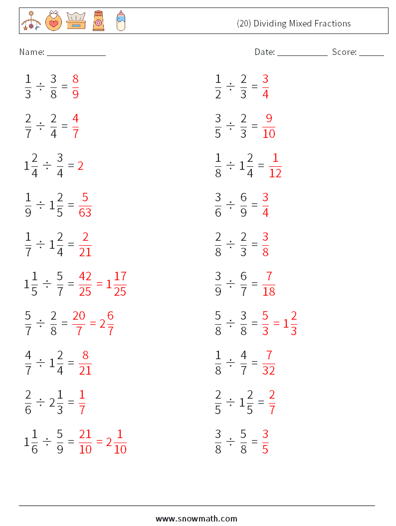 (20) Dividing Mixed Fractions Math Worksheets 8 Question, Answer