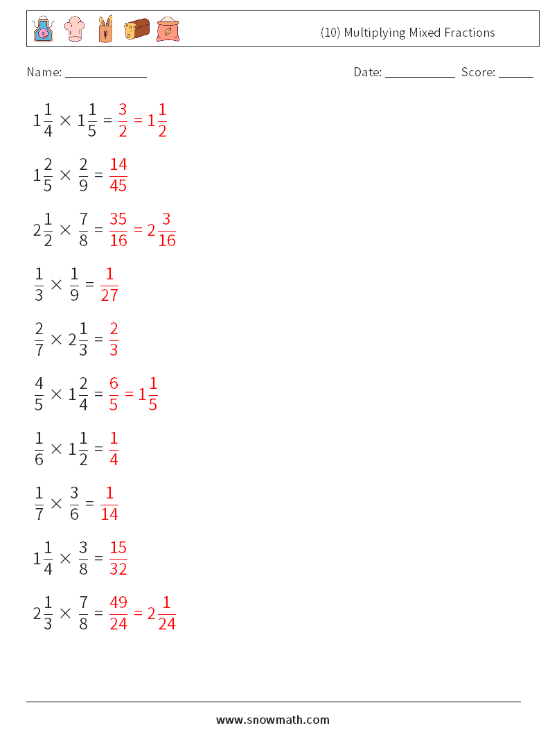 (10) Multiplying Mixed Fractions Math Worksheets 10 Question, Answer
