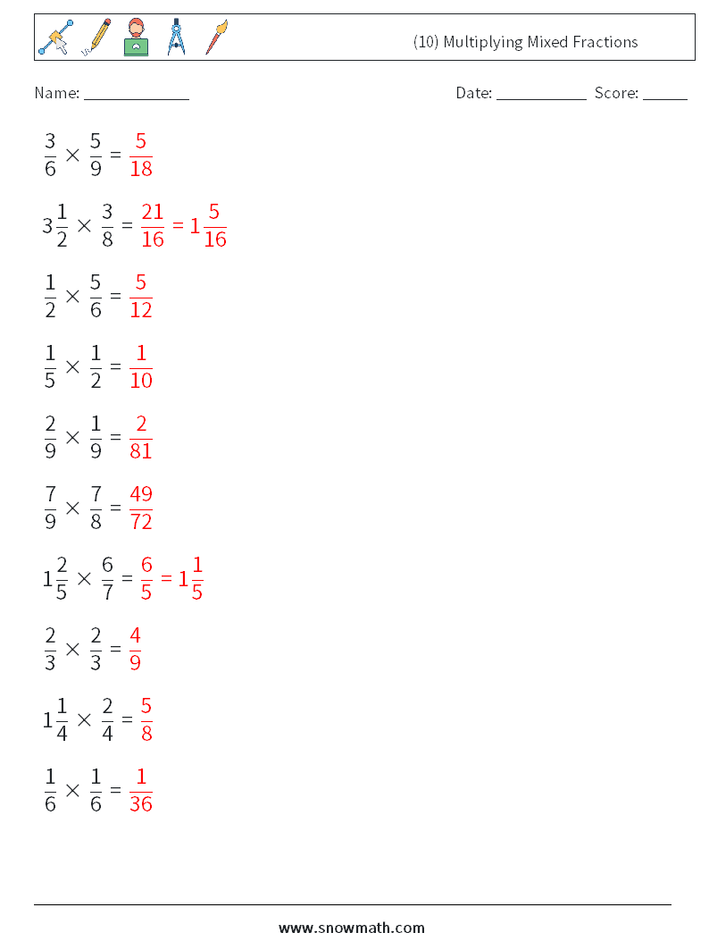 (10) Multiplying Mixed Fractions Math Worksheets 17 Question, Answer