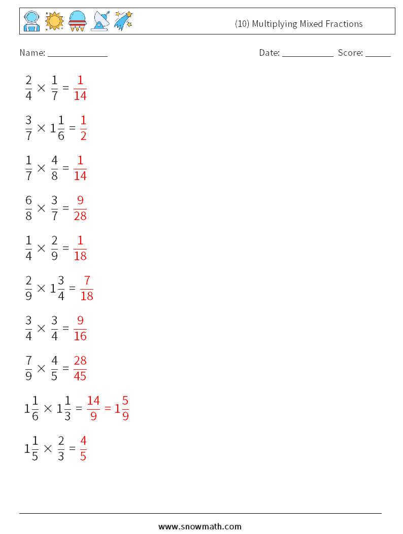 (10) Multiplying Mixed Fractions Math Worksheets 1 Question, Answer
