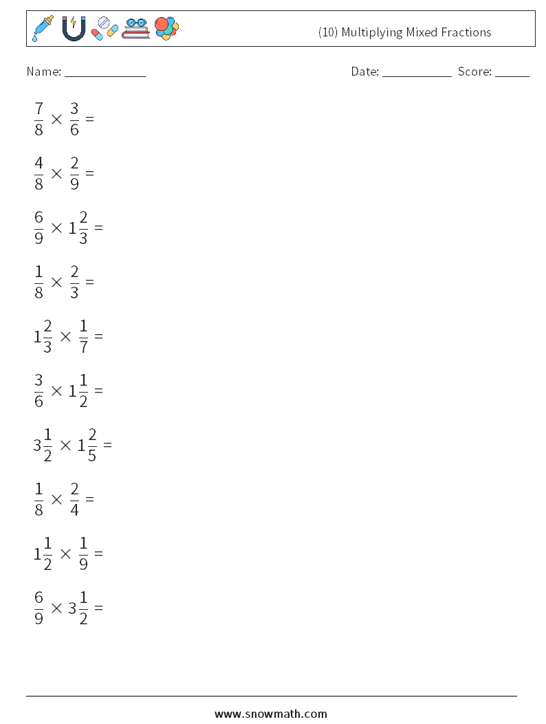 (10) Multiplying Mixed Fractions Maths Worksheets 2