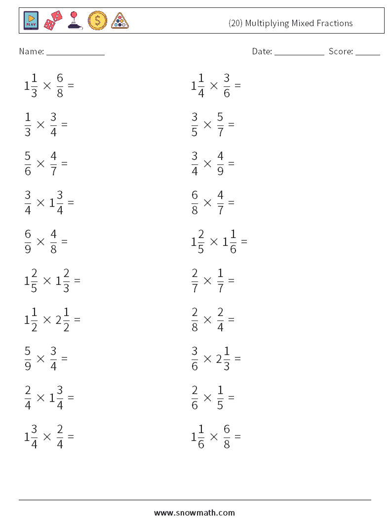 (20) Multiplying Mixed Fractions Math Worksheets 10