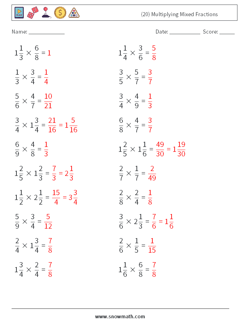 (20) Multiplying Mixed Fractions Math Worksheets 10 Question, Answer