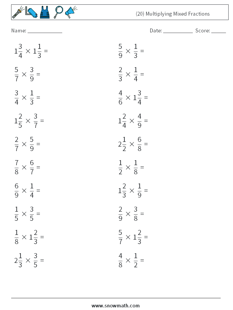 (20) Multiplying Mixed Fractions Math Worksheets 11