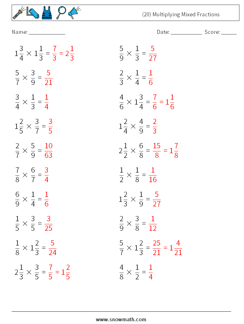 (20) Multiplying Mixed Fractions Math Worksheets 11 Question, Answer