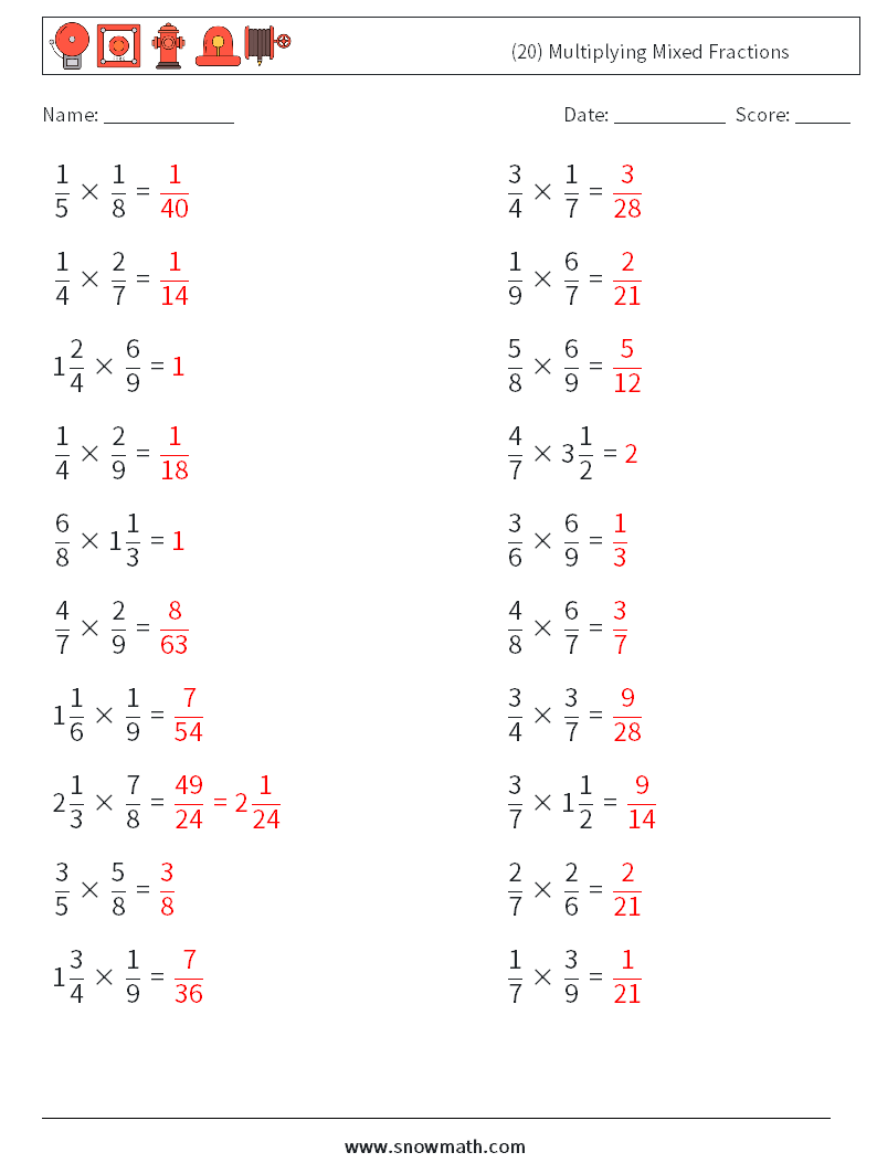 (20) Multiplying Mixed Fractions Math Worksheets 12 Question, Answer