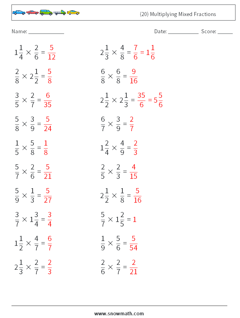 (20) Multiplying Mixed Fractions Math Worksheets 13 Question, Answer