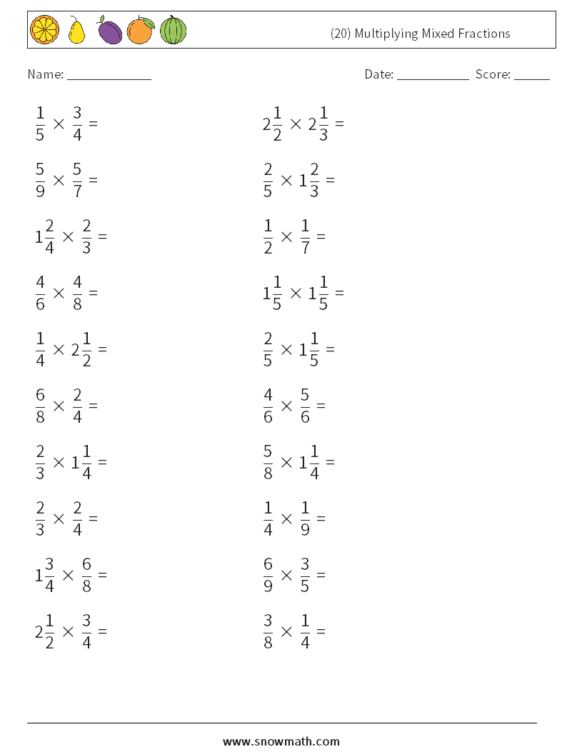 (20) Multiplying Mixed Fractions Math Worksheets 14