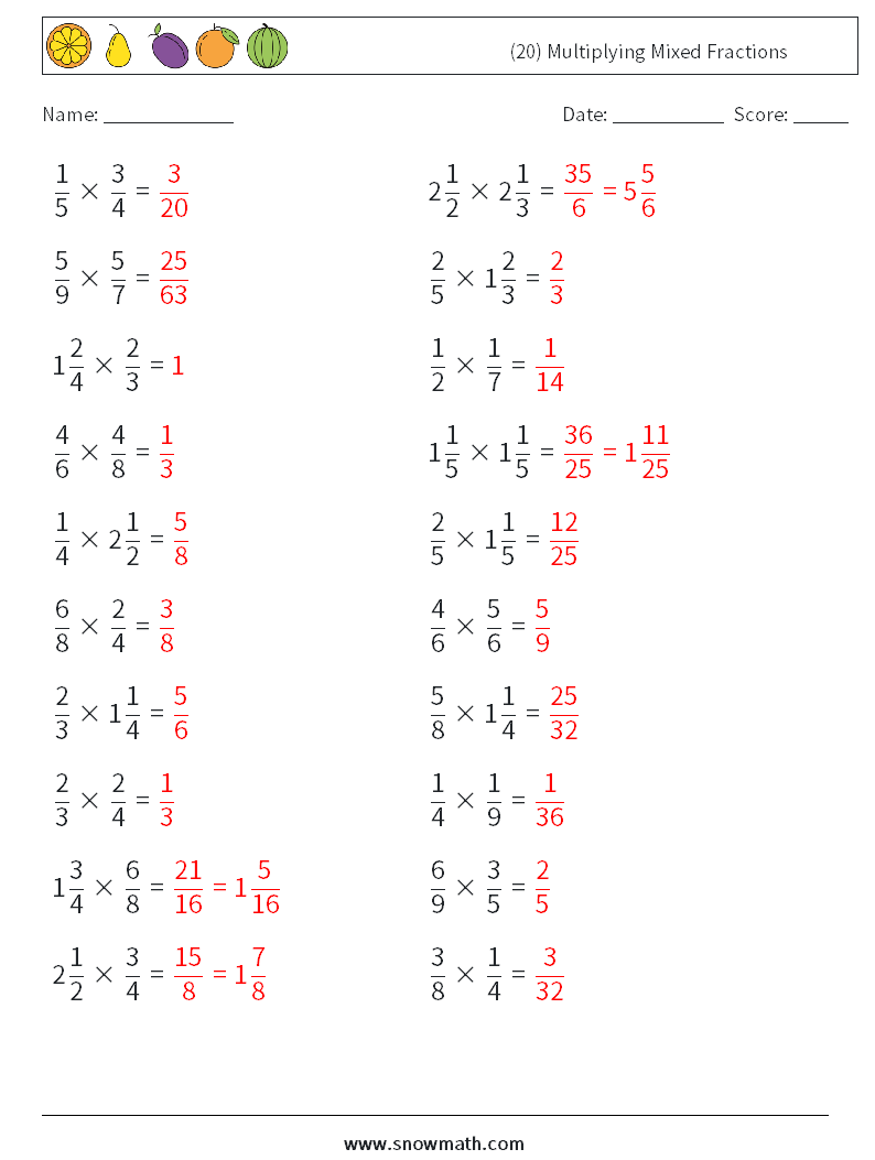 (20) Multiplying Mixed Fractions Math Worksheets 14 Question, Answer