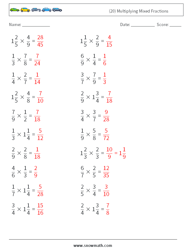 (20) Multiplying Mixed Fractions Math Worksheets 15 Question, Answer