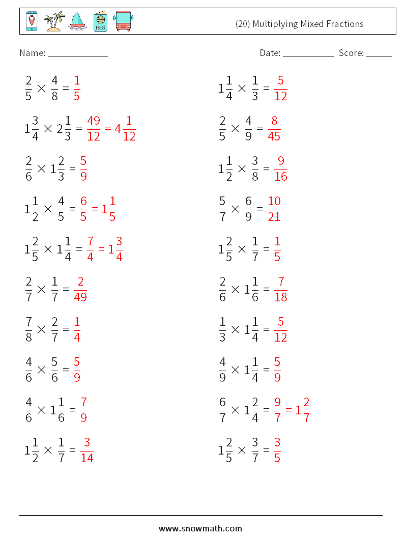 (20) Multiplying Mixed Fractions Math Worksheets 16 Question, Answer
