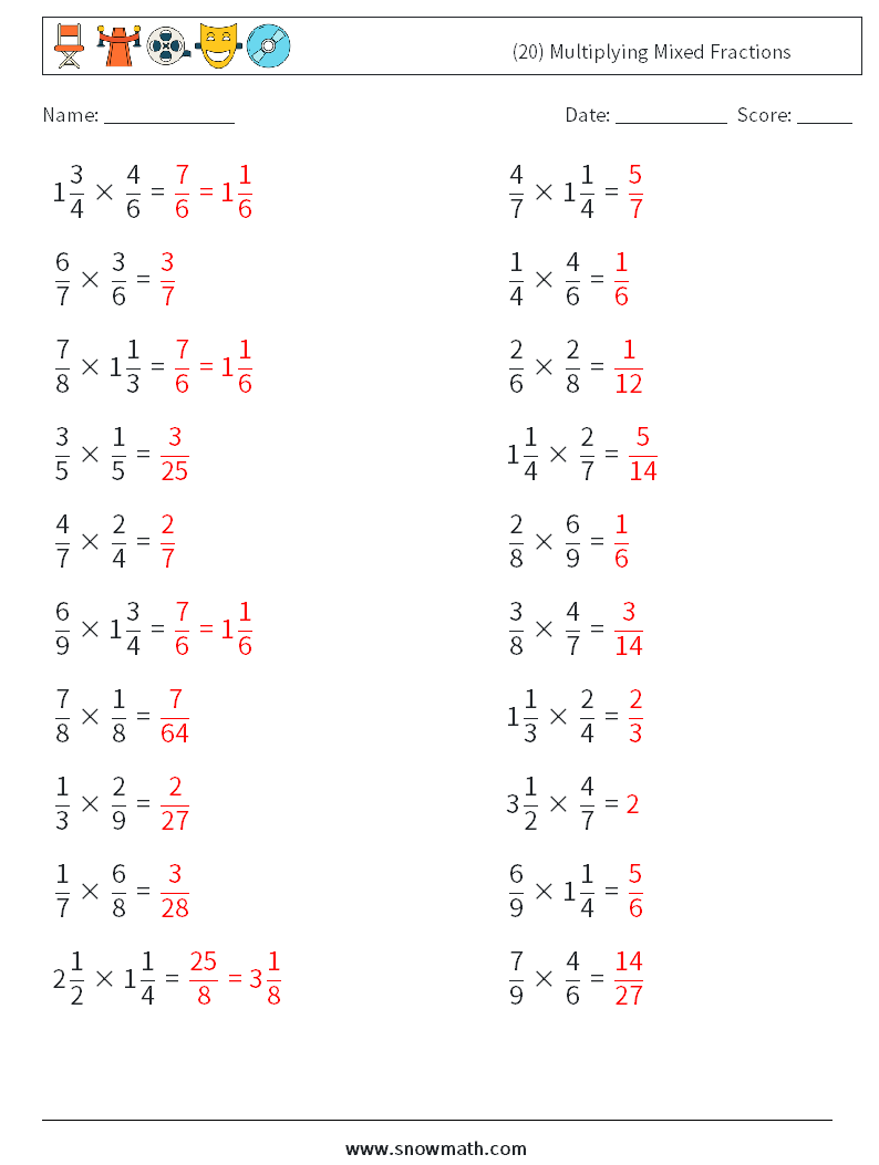 (20) Multiplying Mixed Fractions Math Worksheets 17 Question, Answer