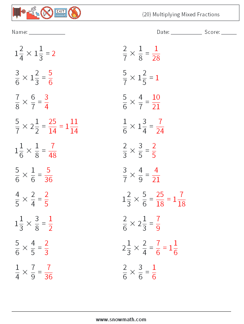 (20) Multiplying Mixed Fractions Math Worksheets 18 Question, Answer