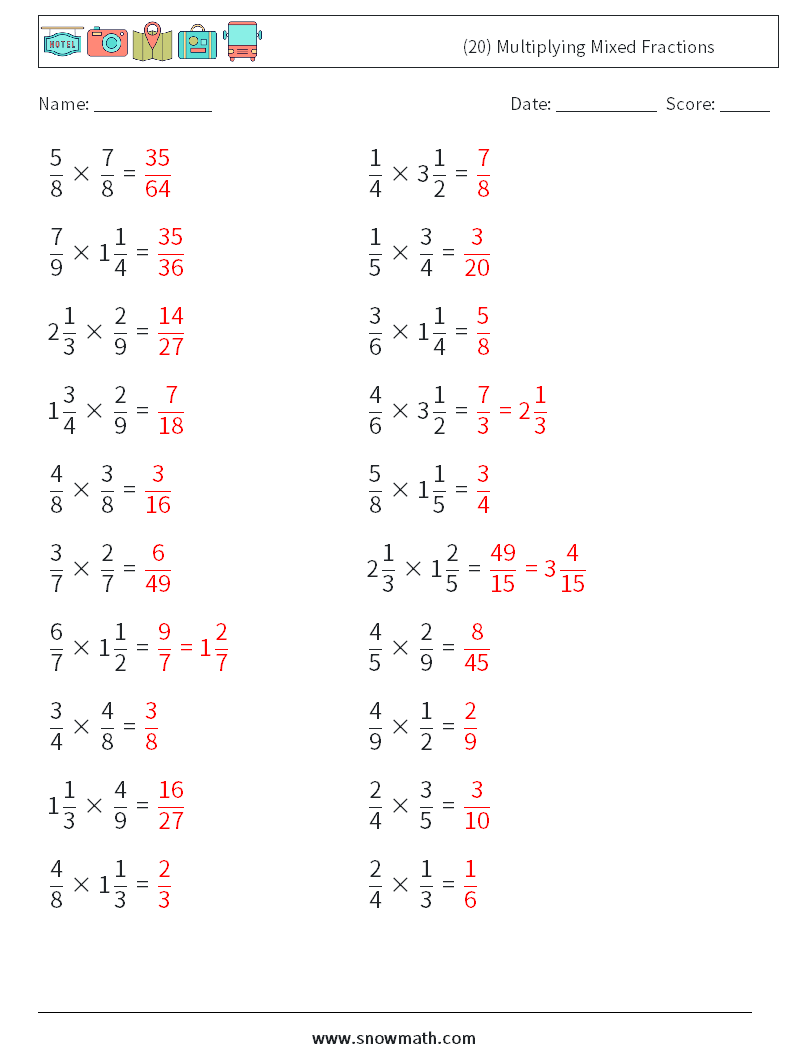 (20) Multiplying Mixed Fractions Math Worksheets 1 Question, Answer