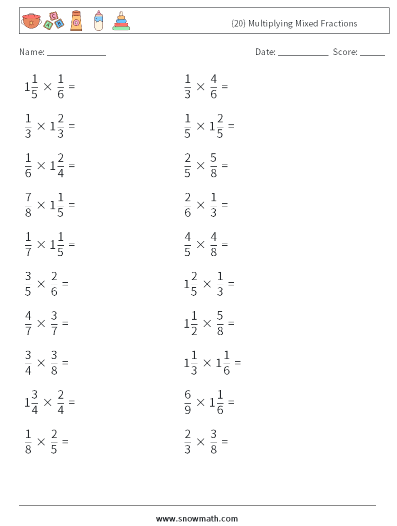 (20) multiplying mixed fractions Math Worksheets, Math Practice for Kids.