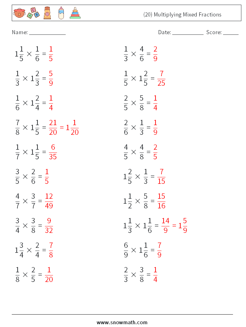 (20) Multiplying Mixed Fractions Math Worksheets 2 Question, Answer