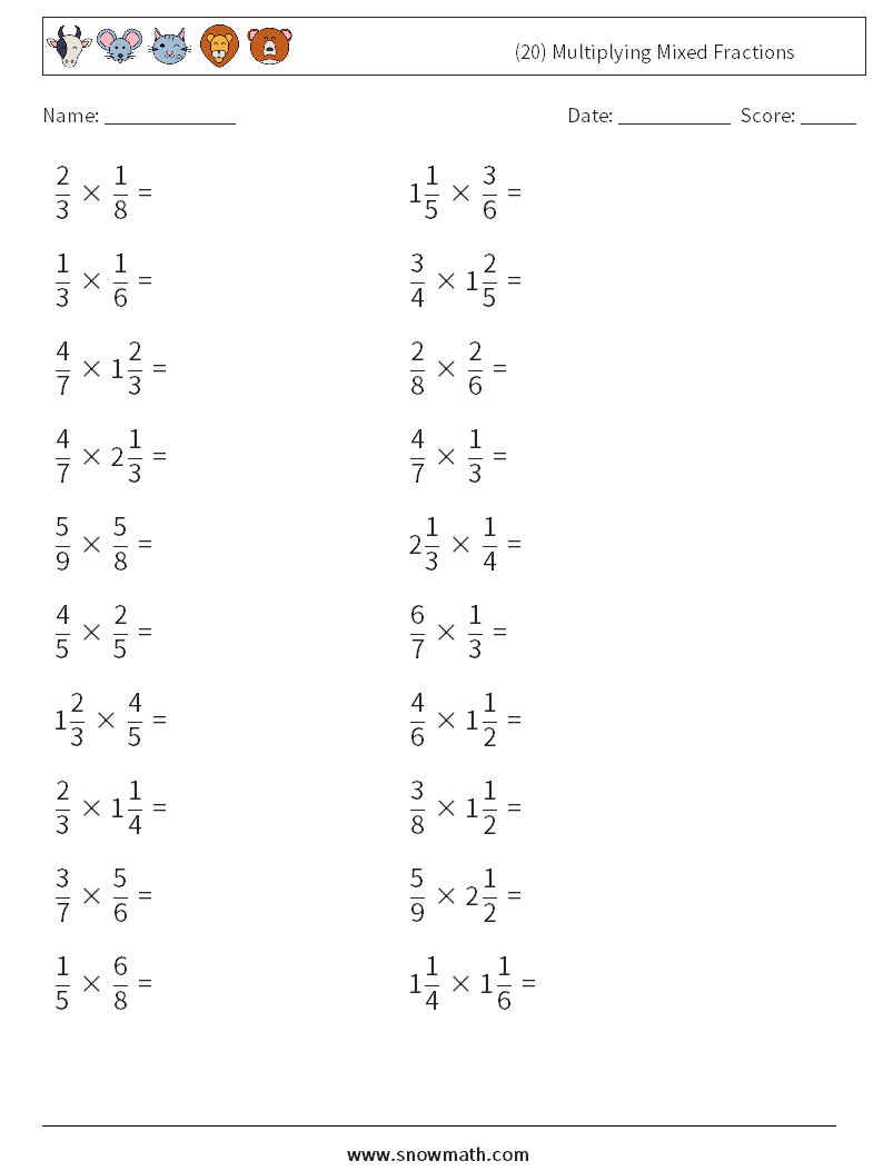 (20) Multiplying Mixed Fractions Math Worksheets 3