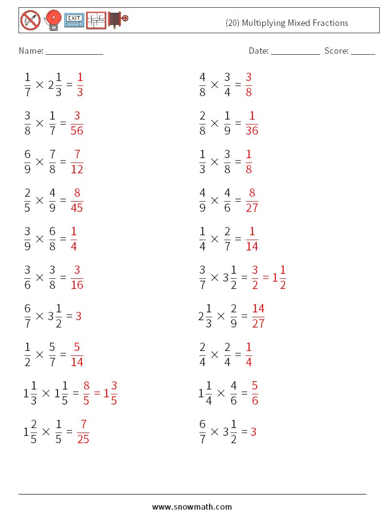(20) Multiplying Mixed Fractions Math Worksheets 4 Question, Answer