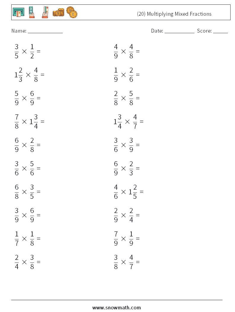 (20) Multiplying Mixed Fractions Math Worksheets 5