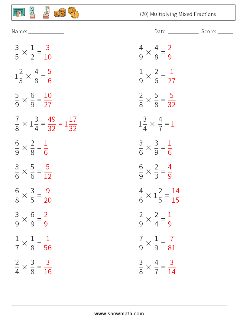 (20) Multiplying Mixed Fractions Math Worksheets 5 Question, Answer