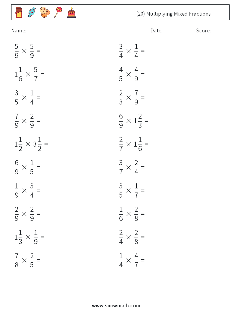 (20) Multiplying Mixed Fractions Math Worksheets 6