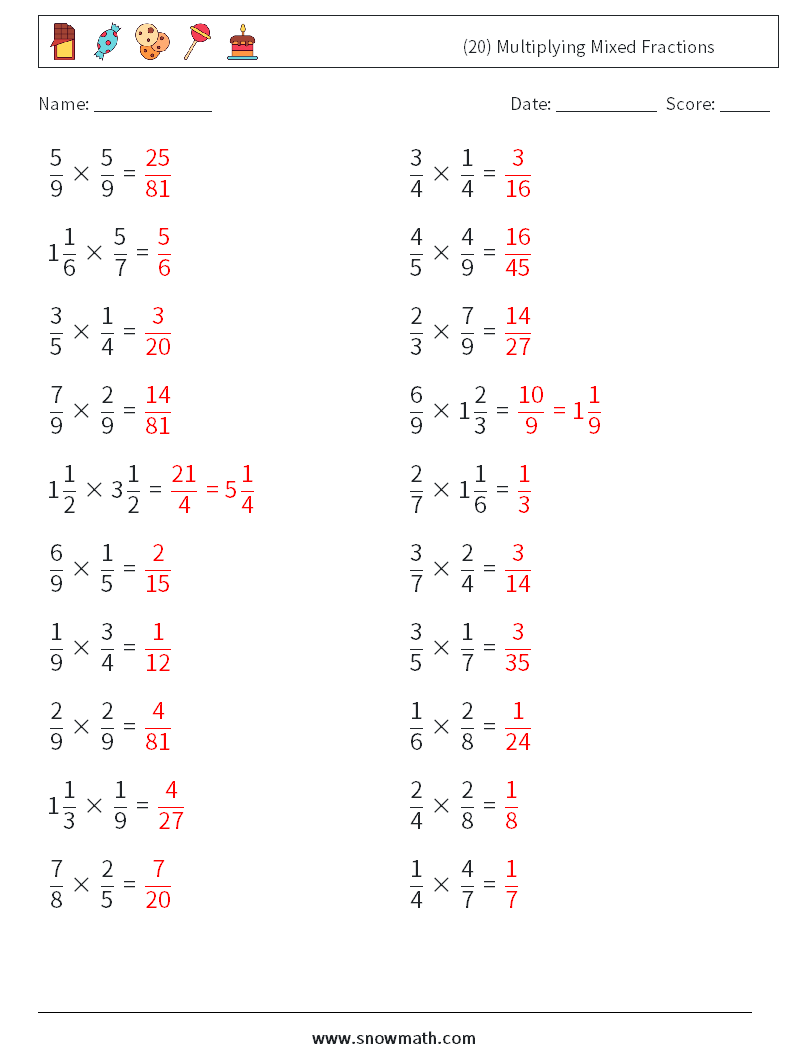 (20) Multiplying Mixed Fractions Math Worksheets 6 Question, Answer
