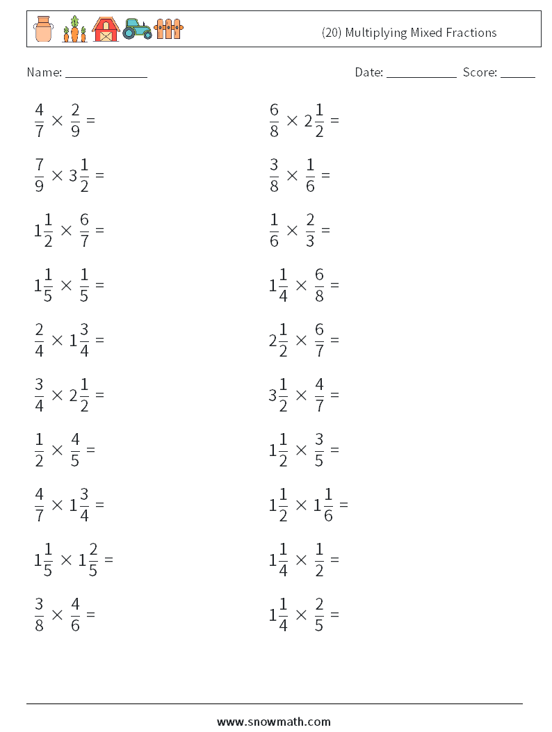 (20) Multiplying Mixed Fractions Maths Worksheets 7